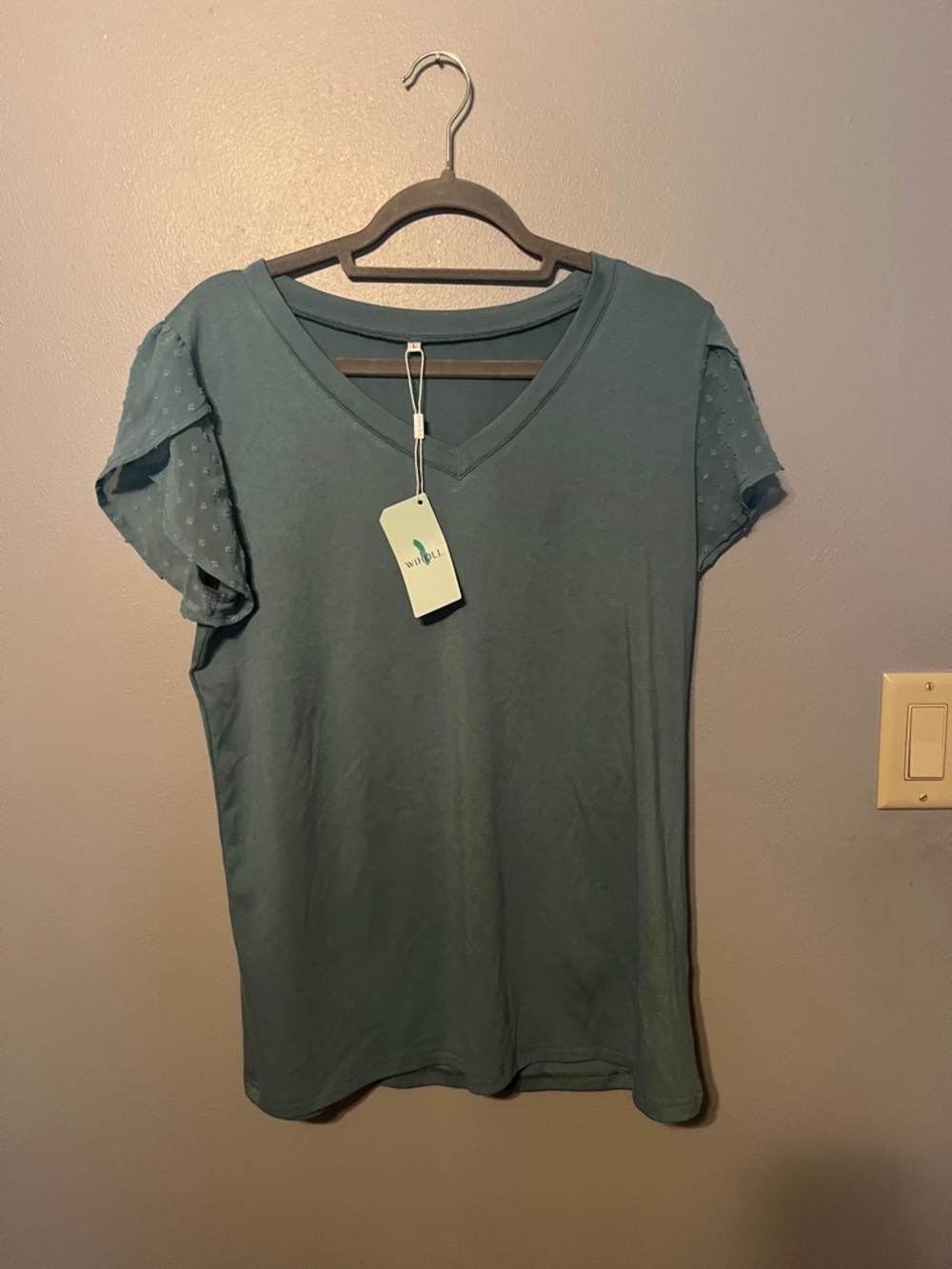Teal V-Neck Short Sleeve Tee with Sheer Dot Sleeves
